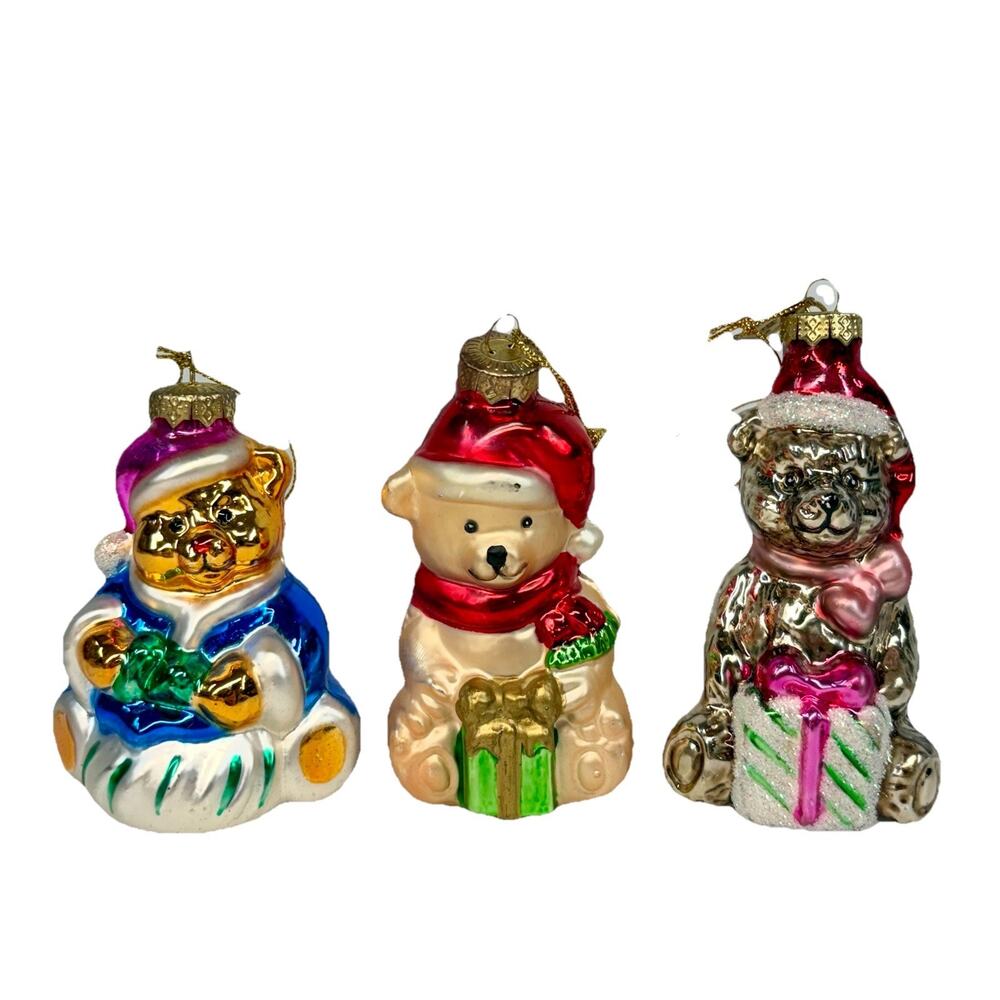 VTG Thomas Pacconi Blown Glass Christmas Ornament Set of 3 Teddy Bear 3”